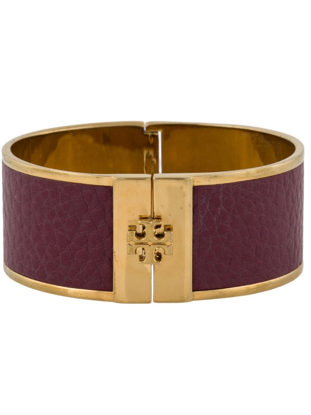 TORY BURCH~Leather Inlay Hinged Logo Bangle Bracelet